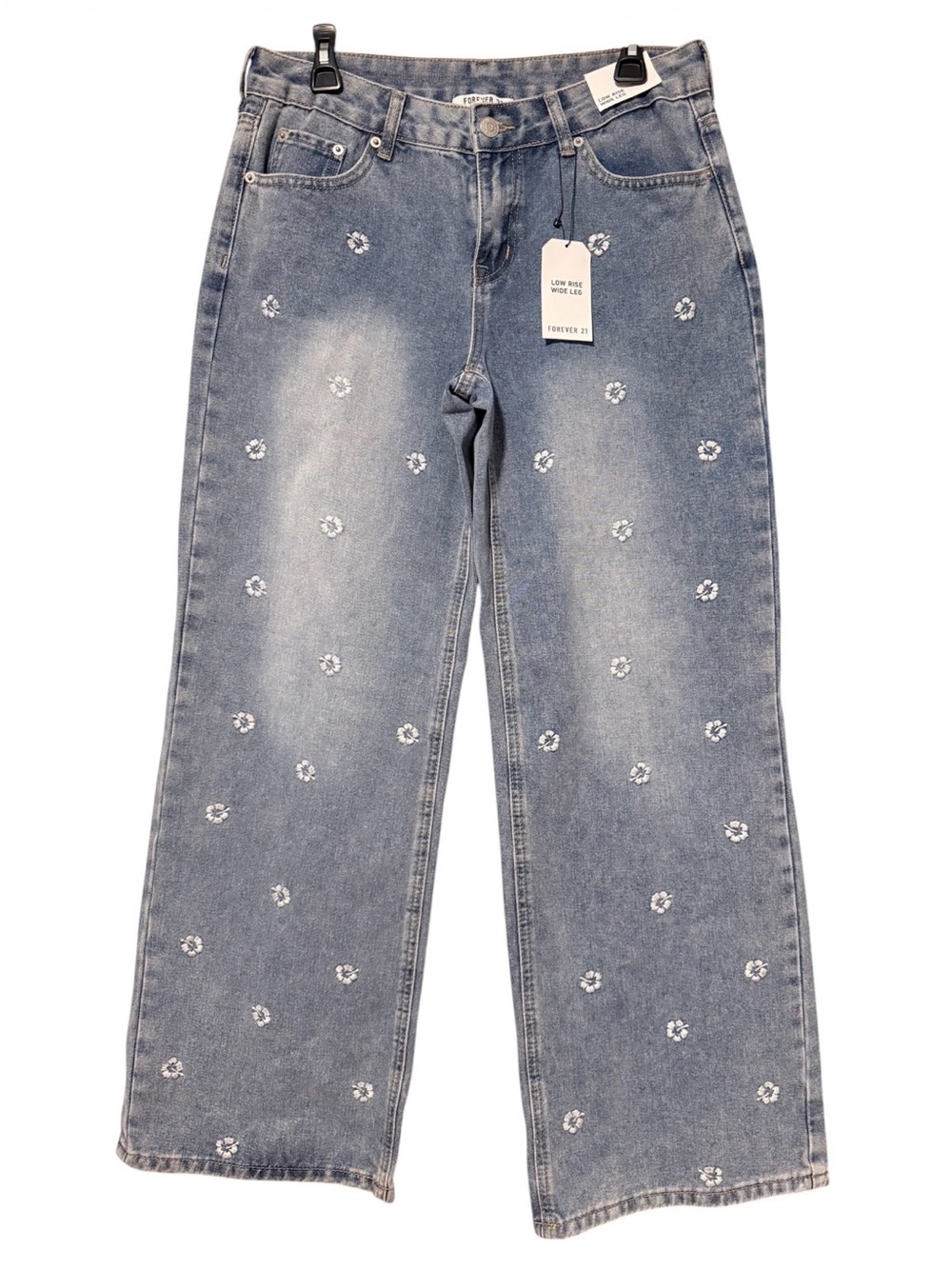 Forever 21 Light Blue Wide-Leg Jeans with White Floral Embroidery